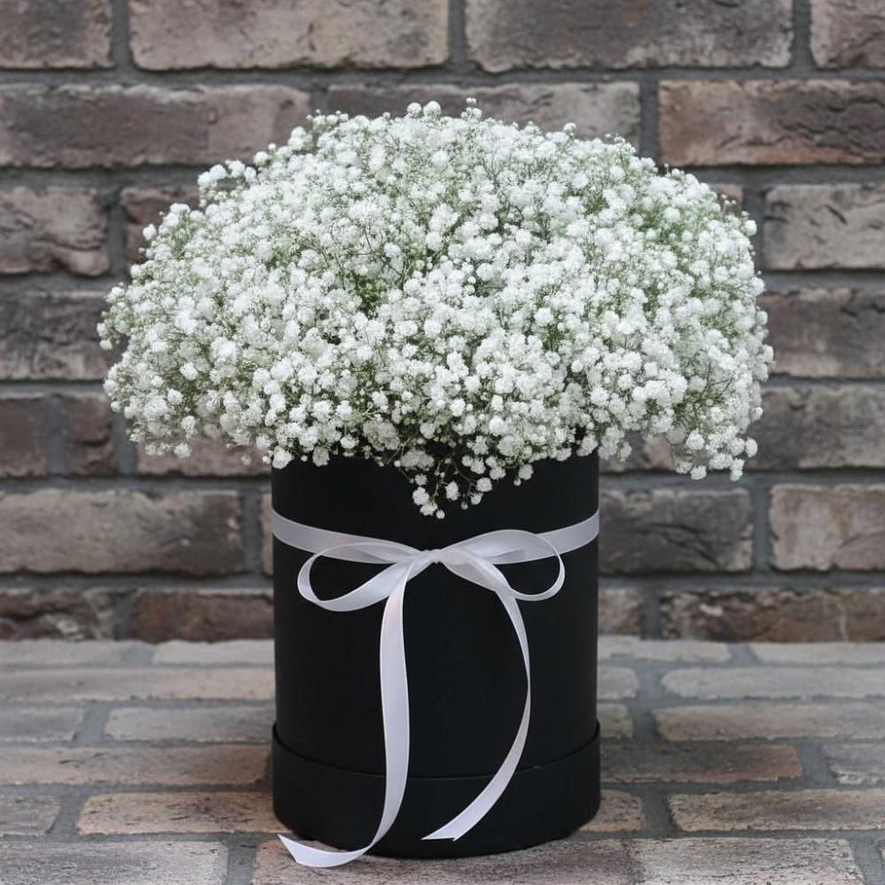 Цветочная композиция из Гипсофила в шляпной коробке в Куйтун