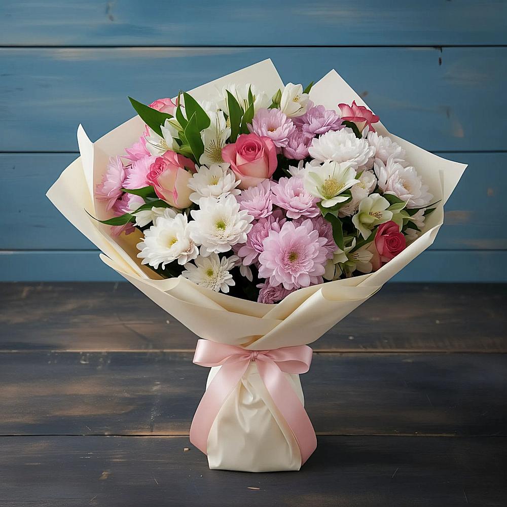 Букет цветов из: Хризантемы, Альстромерии и Розы в Куйтун